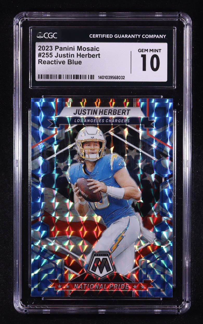 Justin Herbert 2023 Panini Mosaic Mosaic Reactive Blue #255 NP (CGC 10) at PristineAuction.com Justin Herbert 2023 Panini Mosaic Mosaic Reactive Blue #255 NP (CGC 10) at PristineAuction.com