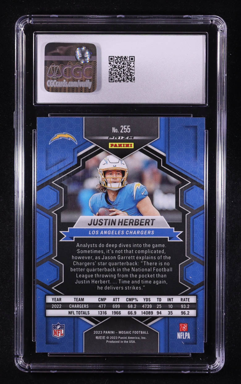 Justin Herbert 2023 Panini Mosaic Mosaic Reactive Blue #255 NP (CGC 10) at PristineAuction.com Justin Herbert 2023 Panini Mosaic Mosaic Reactive Blue #255 NP (CGC 10) at PristineAuction.com
