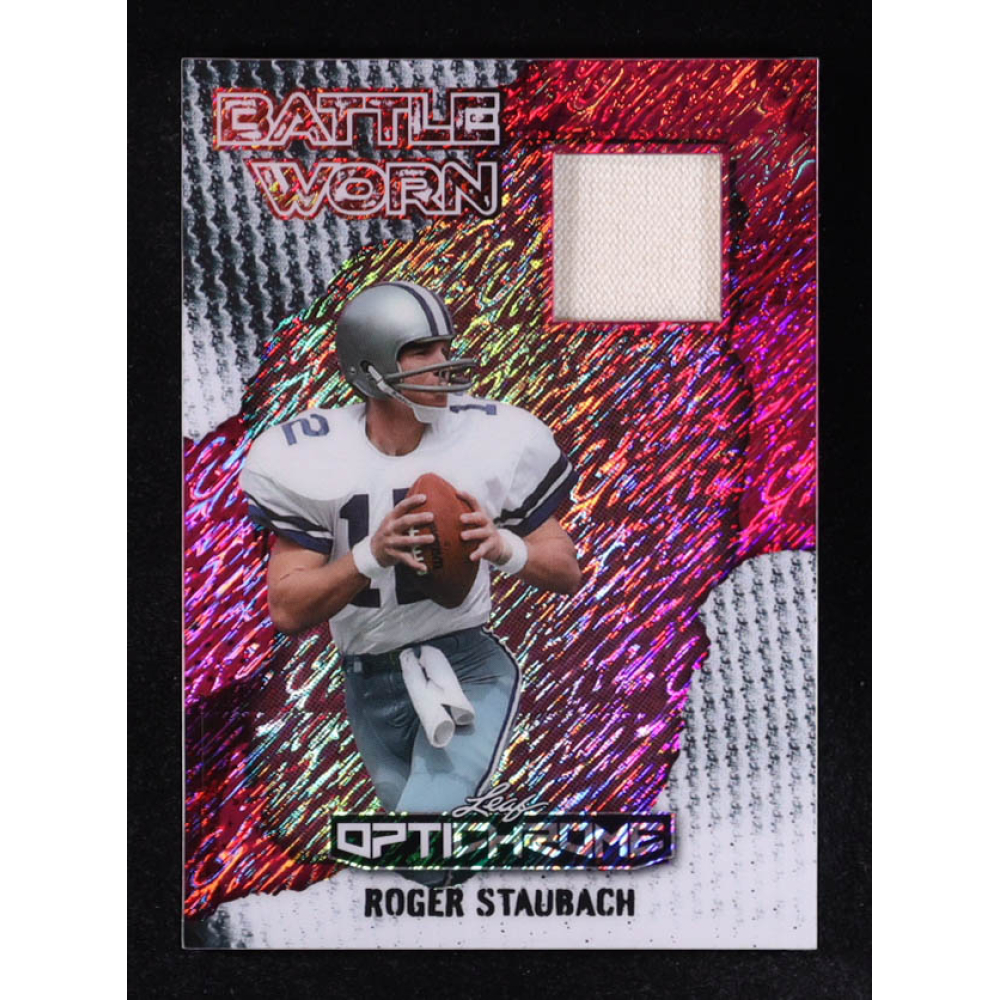 Roger Staubach 2025 Leaf Optichrome Battle Worn Pink Shimmer Materials #BW20 #5/8 at PristineAuction.com