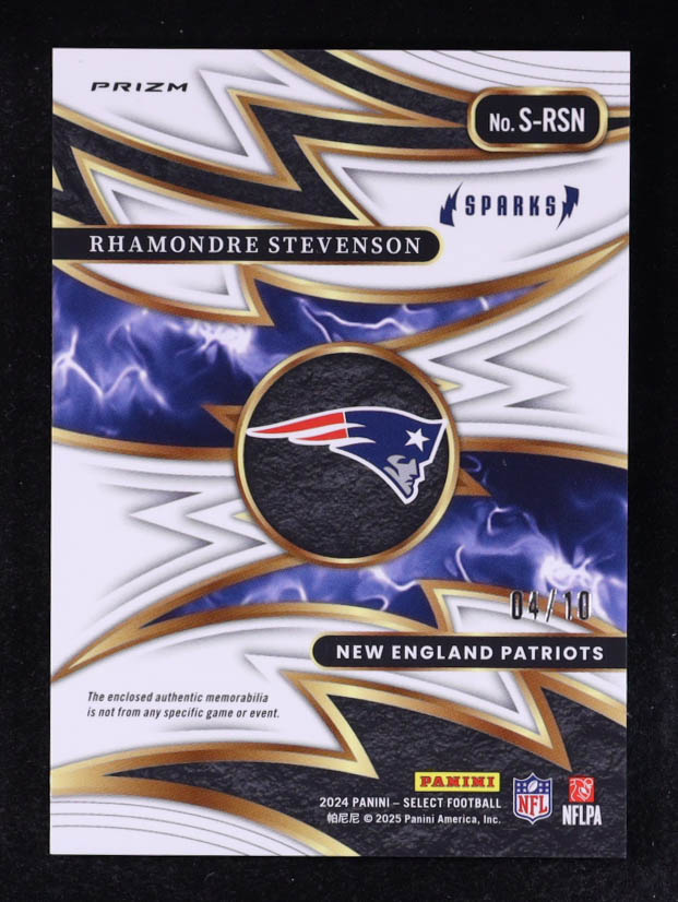 Rhamondre Stevenson 2024 Panini Select Prizm Sparks #S-RSN #04/10 at PristineAuction.com Rhamondre Stevenson 2024 Panini Select Prizm Sparks #S-RSN #04/10 at PristineAuction.com