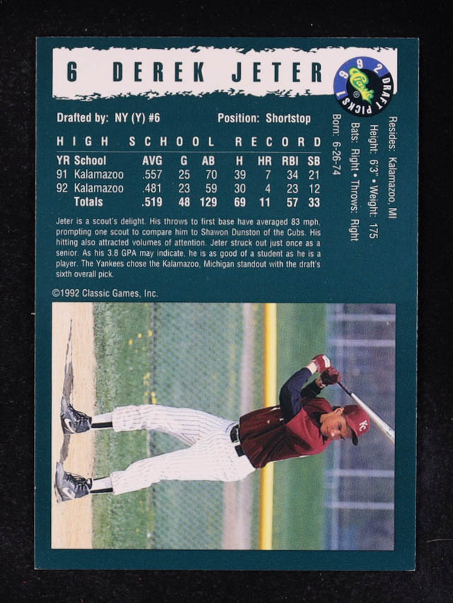 Derek Jeter 1992 Classic Draft Picks #6 RC at PristineAuction.com Derek Jeter 1992 Classic Draft Picks #6 RC at PristineAuction.com