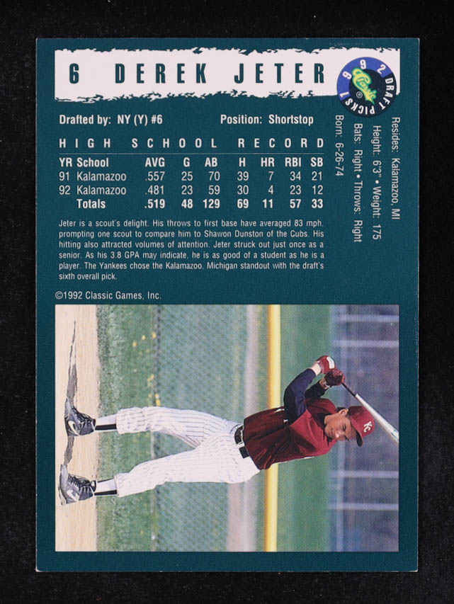 Derek Jeter 1992 Classic Draft Picks #6 RC at PristineAuction.com Derek Jeter 1992 Classic Draft Picks #6 RC at PristineAuction.com