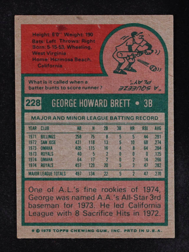 George Brett 1975 Topps #228 RC at PristineAuction.com George Brett 1975 Topps #228 RC at PristineAuction.com