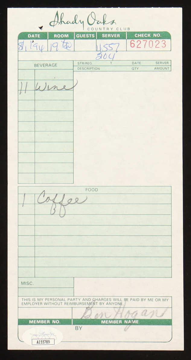 Ben Hogan Signed Shady Oaks Country Club Receipt (JSA) at PristineAuction.com Ben Hogan Signed Shady Oaks Country Club Receipt (JSA) at PristineAuction.com