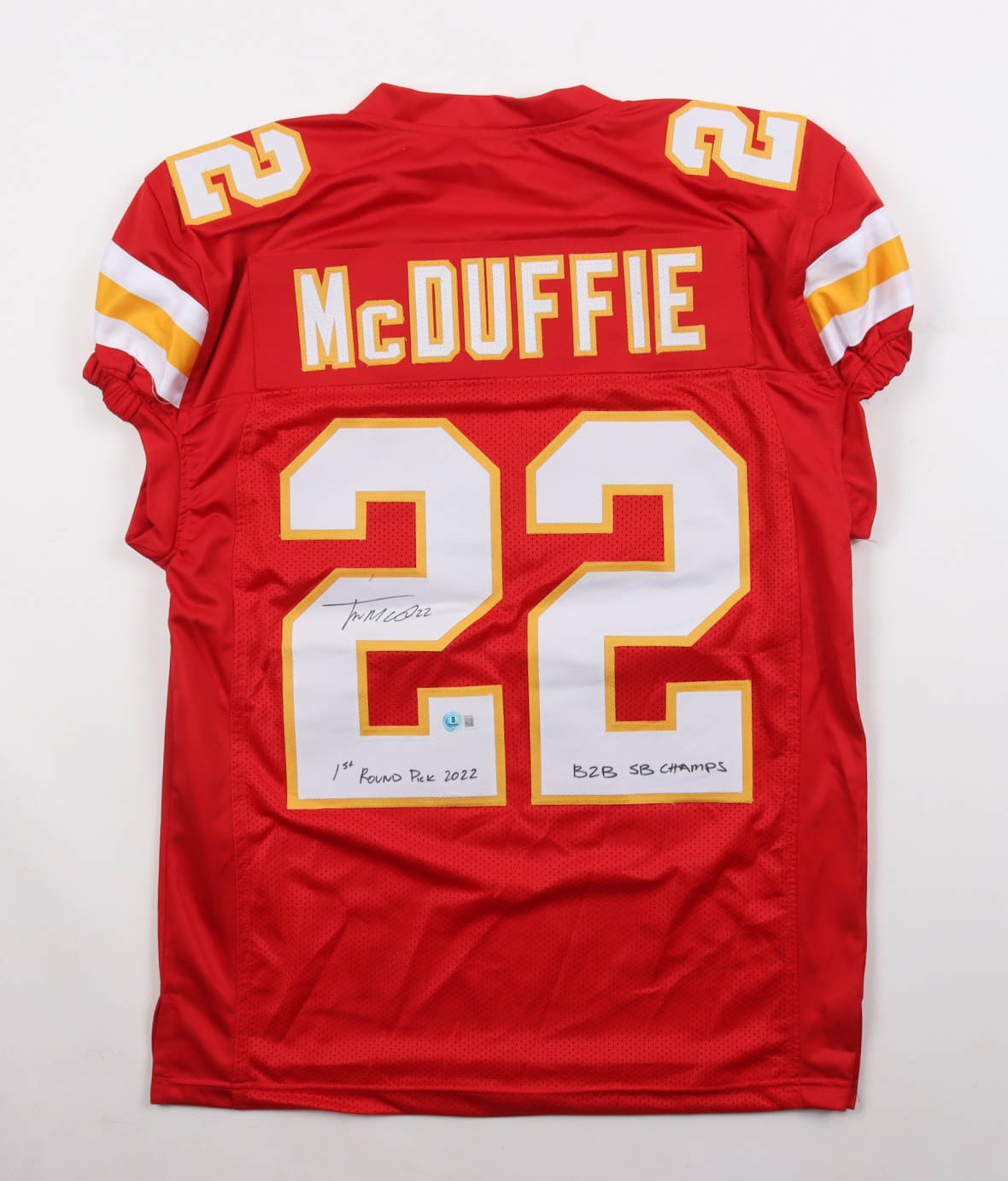 Trent McDuffie Signed Jersey Inscribed "1st Round Pick 2022" & "B2B SB Champs" (Beckett) at PristineAuction.com Trent McDuffie Signed Jersey Inscribed "1st Round Pick 2022" & "B2B SB Champs" (Beckett) at PristineAuction.com