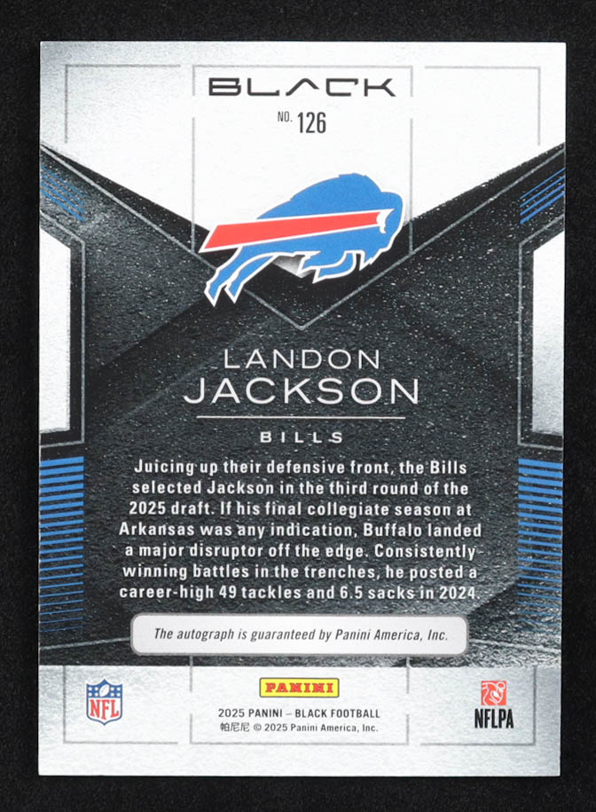 Landon Jackson 2025 Panini Black Rookies Autographs Sapphire #126 #21/50 RC at PristineAuction.com Landon Jackson 2025 Panini Black Rookies Autographs Sapphire #126 #21/50 RC at PristineAuction.com