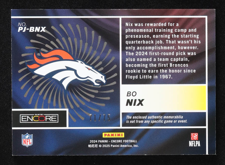 Bo Nix 2024 Panini Encore Pinnacle Jerseys Red #22 RC #71/75 at PristineAuction.com Bo Nix 2024 Panini Encore Pinnacle Jerseys Red #22 RC #71/75 at PristineAuction.com