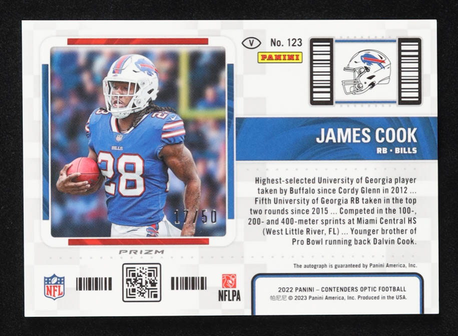 James Cook 2022 Panini Contenders Optic Red Autograph #123B RC #17/50 at PristineAuction.com James Cook 2022 Panini Contenders Optic Red Autograph #123B RC #17/50 at PristineAuction.com