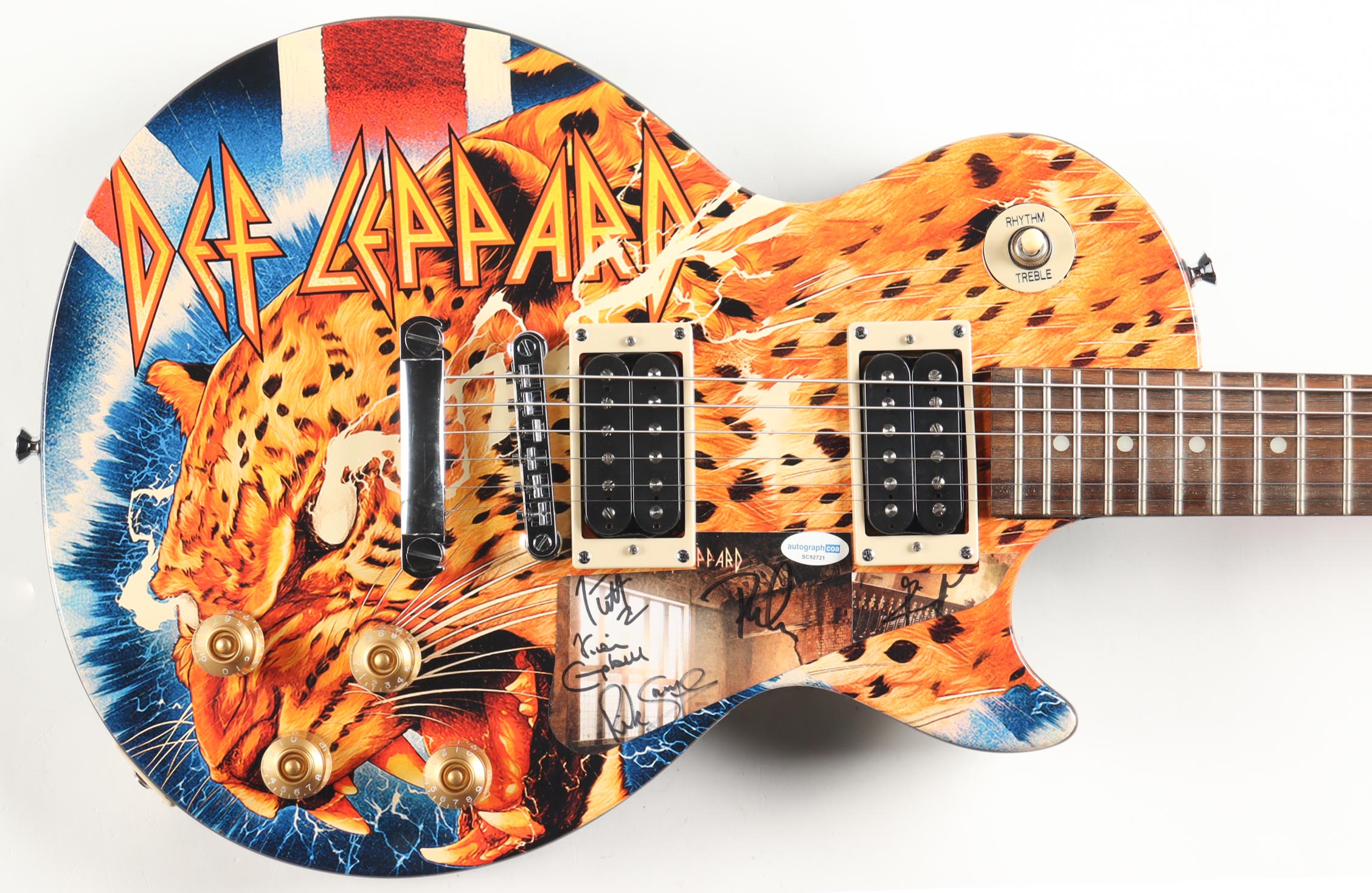Def Leppard Custom 39" Electric Guitar Signed By (5) with Joe Elliot, Phil Collen, Rick Allen, & Rick Savage (ACOA & AutographPros) at PristineAuction.com Def Leppard Custom 39" Electric Guitar Signed By (5) with Joe Elliot, Phil Collen, Rick Allen, & Rick Savage (ACOA & AutographPros) at PristineAuction.com