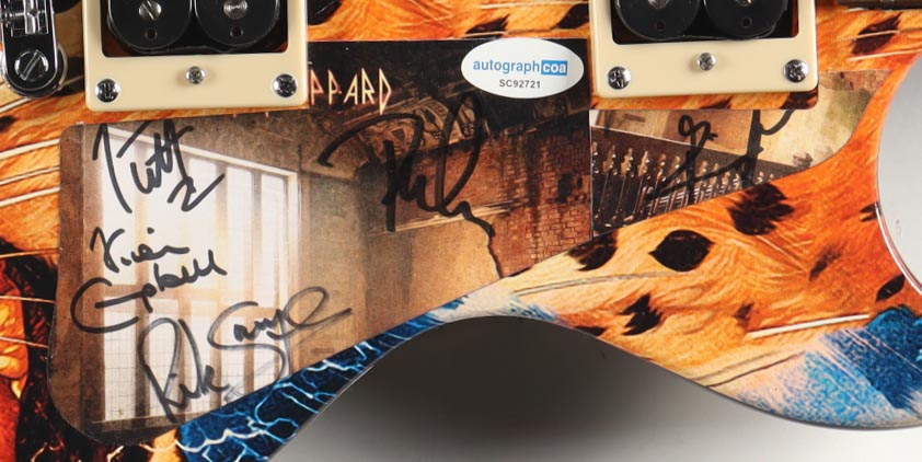 Def Leppard Custom 39" Electric Guitar Signed By (5) with Joe Elliot, Phil Collen, Rick Allen, & Rick Savage (ACOA & AutographPros) at PristineAuction.com Def Leppard Custom 39" Electric Guitar Signed By (5) with Joe Elliot, Phil Collen, Rick Allen, & Rick Savage (ACOA & AutographPros) at PristineAuction.com