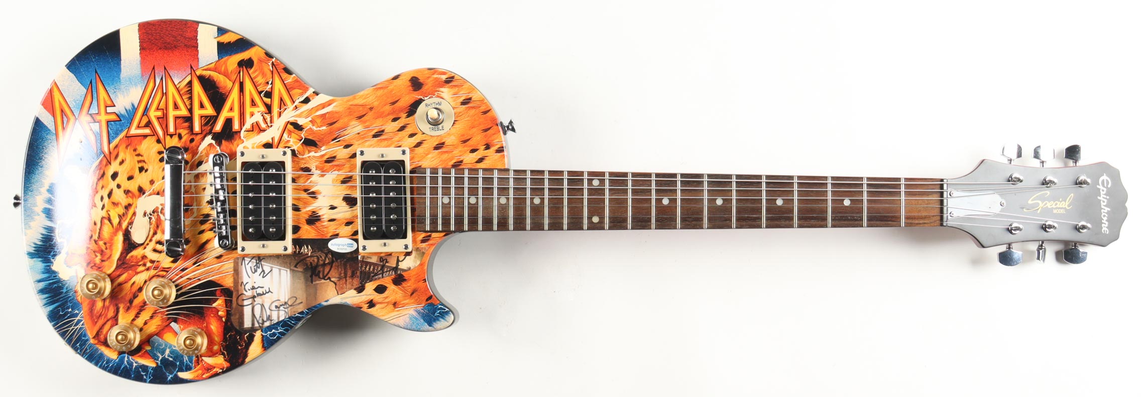 Def Leppard Custom 39" Electric Guitar Signed By (5) with Joe Elliot, Phil Collen, Rick Allen, & Rick Savage (ACOA & AutographPros) at PristineAuction.com Def Leppard Custom 39" Electric Guitar Signed By (5) with Joe Elliot, Phil Collen, Rick Allen, & Rick Savage (ACOA & AutographPros) at PristineAuction.com