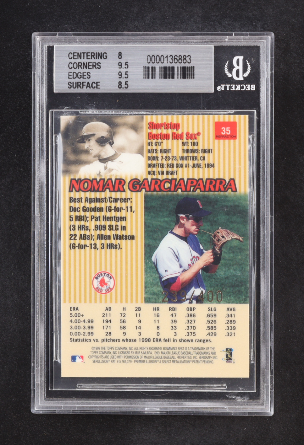 Nomar Garciaparra 1999 Bowman's Best Refractors #35 #239/400 (BGS 8.5) at PristineAuction.com Nomar Garciaparra 1999 Bowman's Best Refractors #35 #239/400 (BGS 8.5) at PristineAuction.com