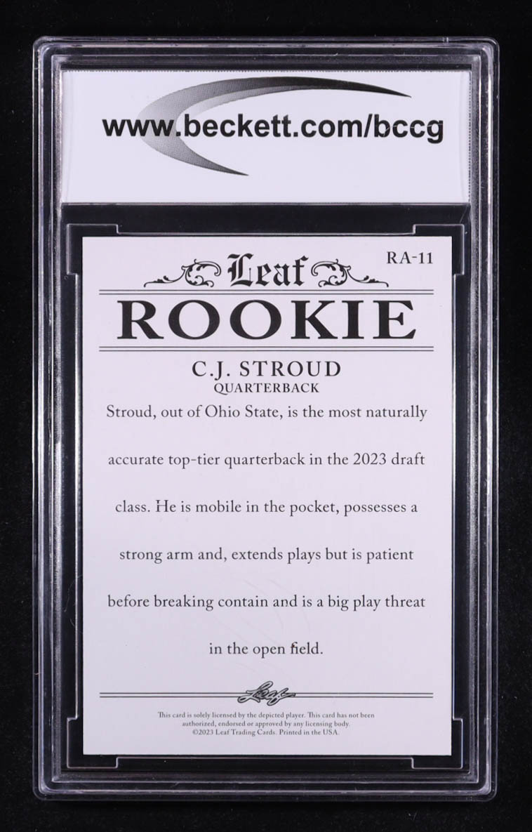 C.J. Stroud 2023 Leaf Special Release Rookie Achievement #RA11 RC (BCCG 10) at PristineAuction.com C.J. Stroud 2023 Leaf Special Release Rookie Achievement #RA11 RC (BCCG 10) at PristineAuction.com