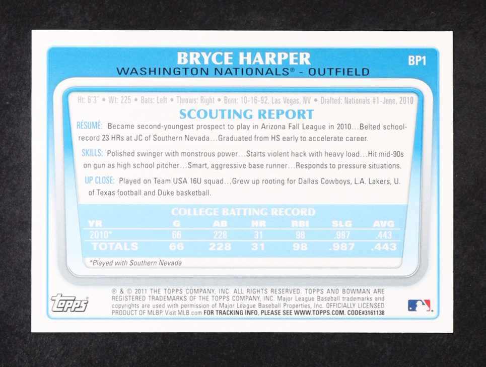 Bryce Harper 2011 Bowman Prospects #BP1 RC at PristineAuction.com Bryce Harper 2011 Bowman Prospects #BP1 RC at PristineAuction.com