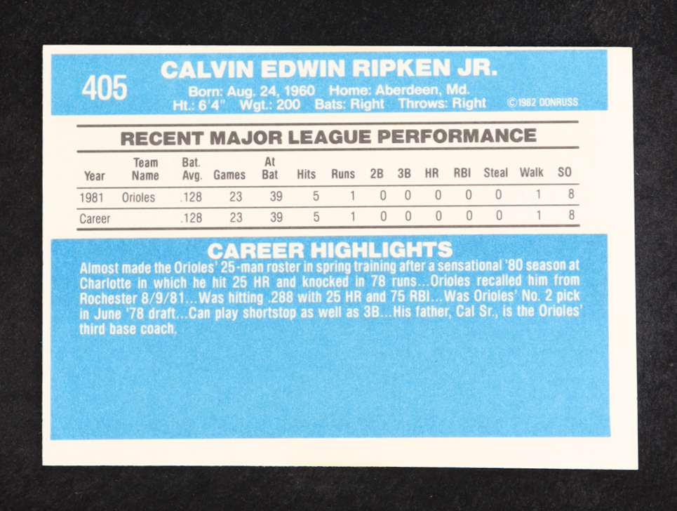 Cal Ripken Jr. 1982 Donruss #405 RC at PristineAuction.com Cal Ripken Jr. 1982 Donruss #405 RC at PristineAuction.com