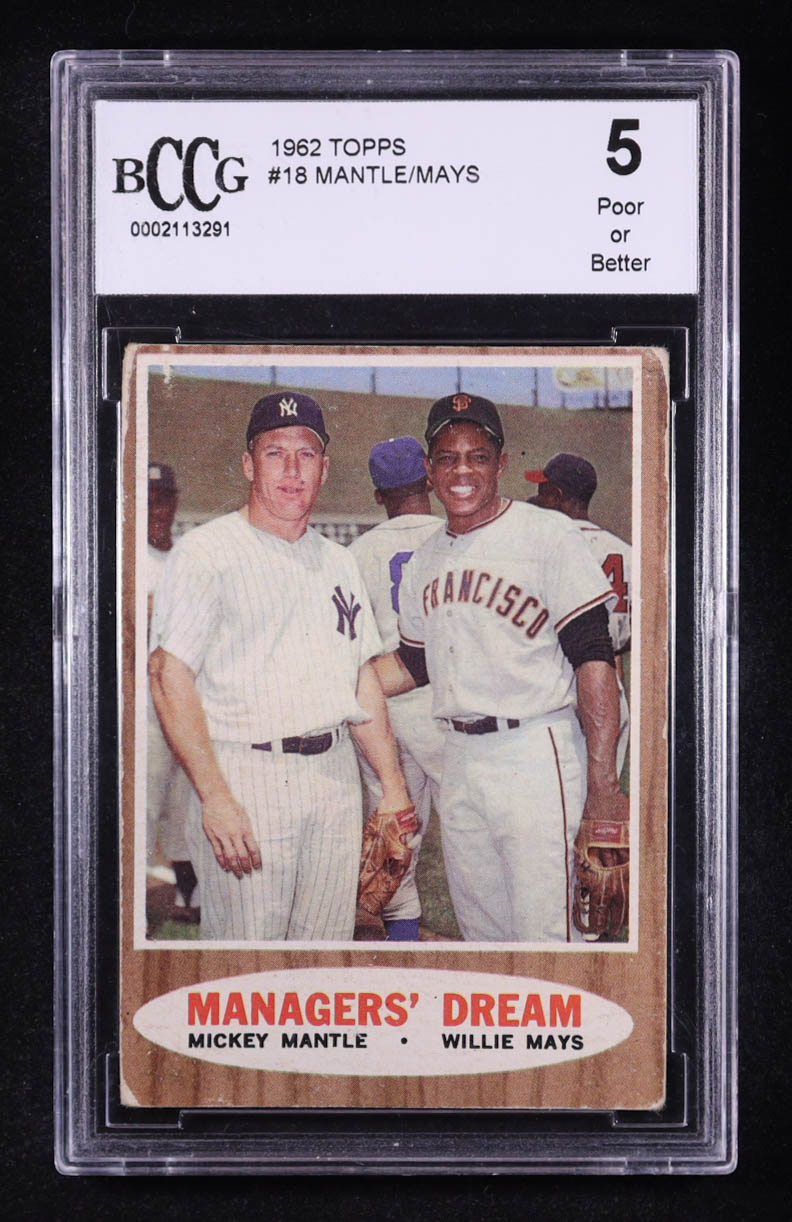 Mickey Mantle / Willie Mays 1962 Topps #18 Managers Dream (BCCG 5) at PristineAuction.com Mickey Mantle / Willie Mays 1962 Topps #18 Managers Dream (BCCG 5) at PristineAuction.com