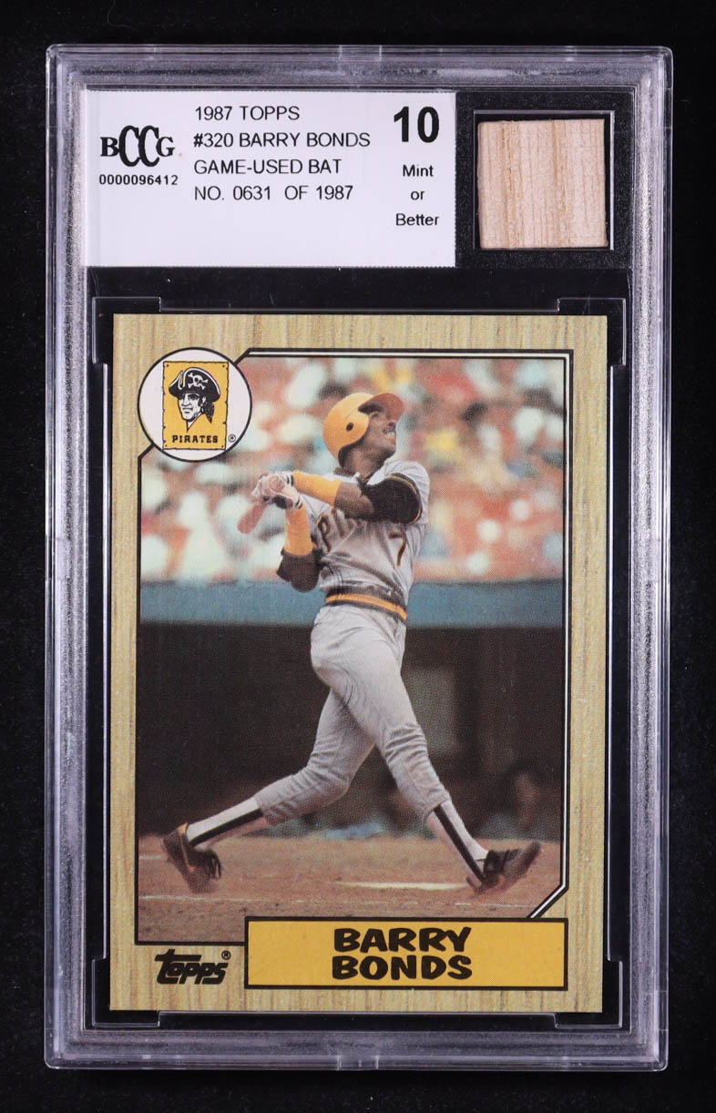 Barry Bonds 1987 Topps #320 RC With Game-Used Bat Relic #631/1987 (BCCG 10) at PristineAuction.com Barry Bonds 1987 Topps #320 RC With Game-Used Bat Relic #631/1987 (BCCG 10) at PristineAuction.com