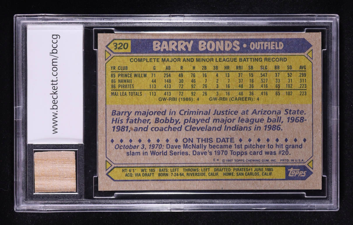 Barry Bonds 1987 Topps #320 RC With Game-Used Bat Relic #631/1987 (BCCG 10) at PristineAuction.com Barry Bonds 1987 Topps #320 RC With Game-Used Bat Relic #631/1987 (BCCG 10) at PristineAuction.com
