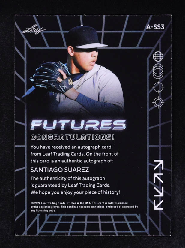 Santiago Suarez 2024 Leaf Futures Autographs Red #ASS3 #33/49 RC at PristineAuction.com Santiago Suarez 2024 Leaf Futures Autographs Red #ASS3 #33/49 RC at PristineAuction.com