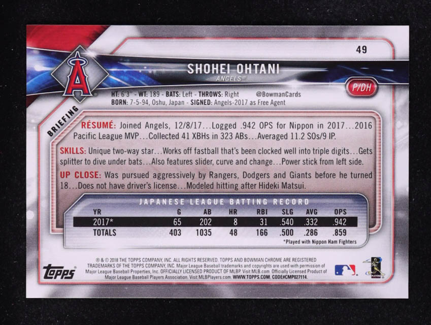 Shohei Ohtani 2018 Bowman #49 RC at PristineAuction.com Shohei Ohtani 2018 Bowman #49 RC at PristineAuction.com