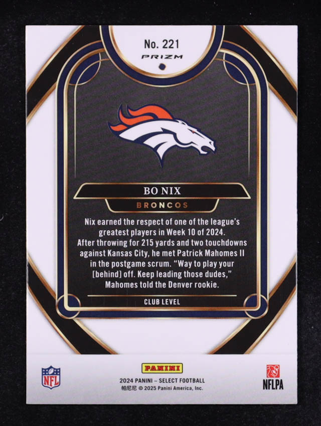 Bo Nix 2024 Select Prizm Black and Red Shock #221 RC at PristineAuction.com Bo Nix 2024 Select Prizm Black and Red Shock #221 RC at PristineAuction.com