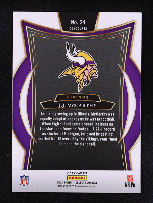 J.J. McCarthy 2024 Select Prizm Black & Red Shock #24 RC at PristineAuction.com J.J. McCarthy 2024 Select Prizm Black & Red Shock #24 RC at PristineAuction.com