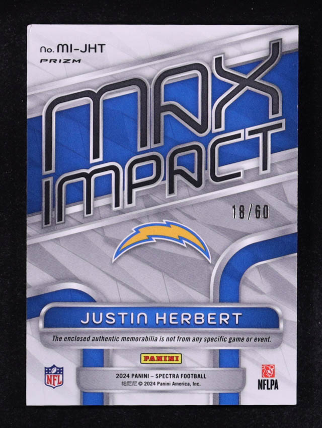 Justin Herbert 2024 Panini Spectra Max Impact Materials Blue Neon #MIJHT #18/60 at PristineAuction.com Justin Herbert 2024 Panini Spectra Max Impact Materials Blue Neon #MIJHT #18/60 at PristineAuction.com
