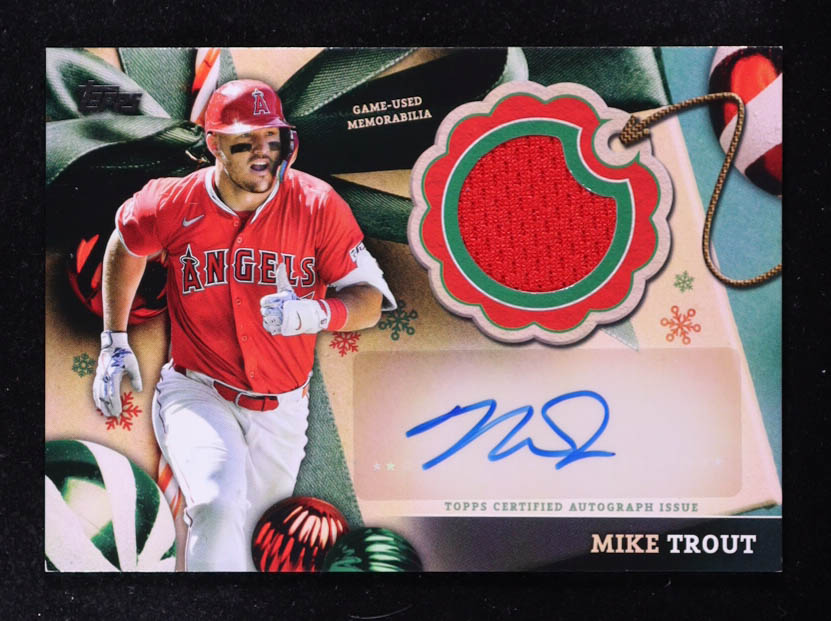 Mike Trout 2024 Topps Holiday Autograph Relics #ARCMT #24/50 at PristineAuction.com Mike Trout 2024 Topps Holiday Autograph Relics #ARCMT #24/50 at PristineAuction.com