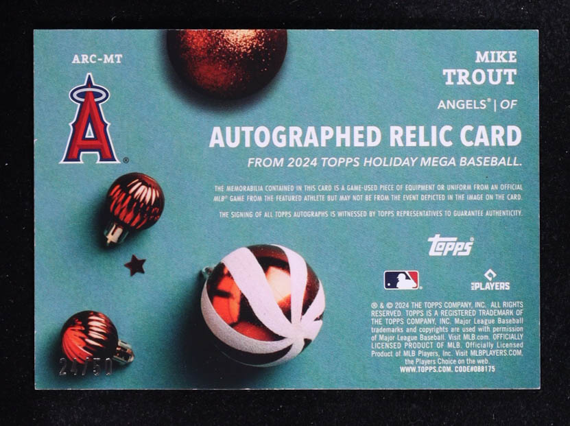 Mike Trout 2024 Topps Holiday Autograph Relics #ARCMT #24/50 at PristineAuction.com Mike Trout 2024 Topps Holiday Autograph Relics #ARCMT #24/50 at PristineAuction.com