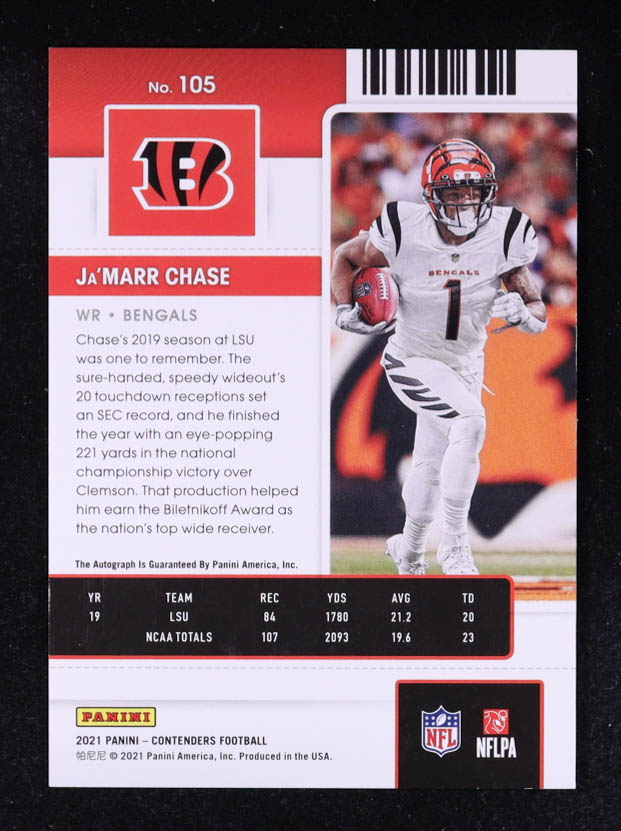 Ja'Marr Chase 2021 Panini Contenders Playoff Ticket Autograph #105A RC at PristineAuction.com Ja'Marr Chase 2021 Panini Contenders Playoff Ticket Autograph #105A RC at PristineAuction.com