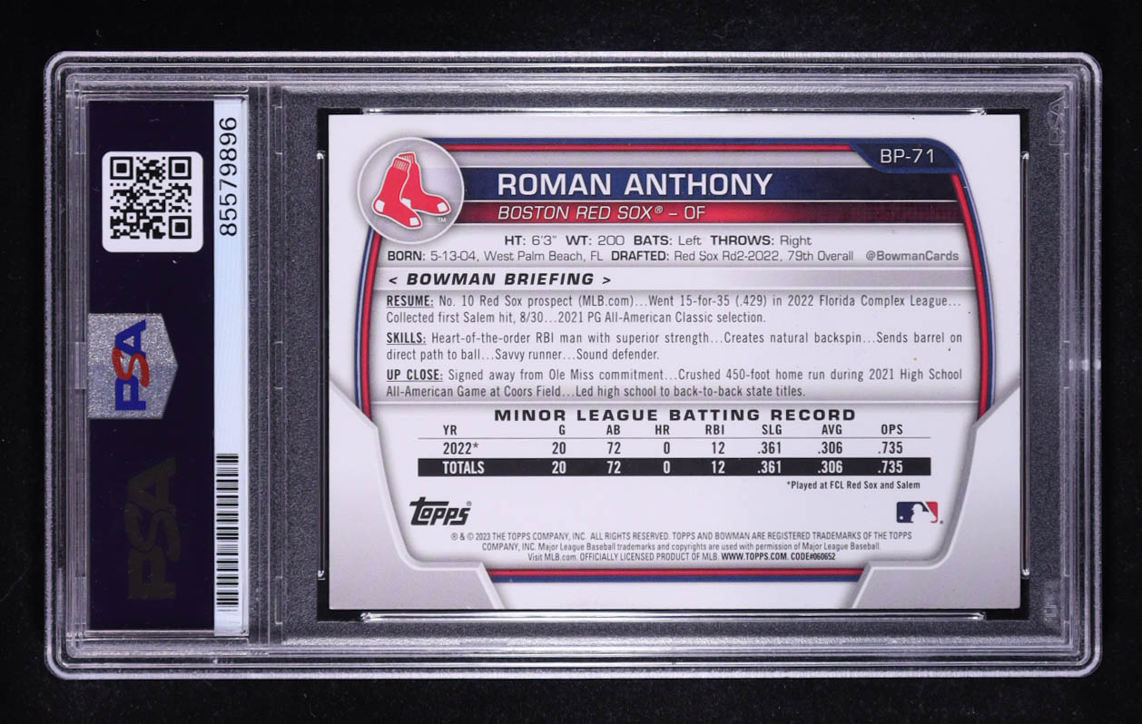Roman Anthony Signed 2023 Topps 1st Bowman #BP-71 RC (PSA) at PristineAuction.com Roman Anthony Signed 2023 Topps 1st Bowman #BP-71 RC (PSA) at PristineAuction.com