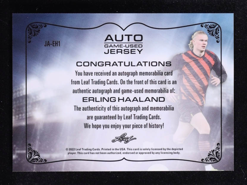 Erling Haaland 2022 Leaf Ultimate Soccer Game-Used Jersey Autograph #JAEH1 #37/50 at PristineAuction.com Erling Haaland 2022 Leaf Ultimate Soccer Game-Used Jersey Autograph #JAEH1 #37/50 at PristineAuction.com