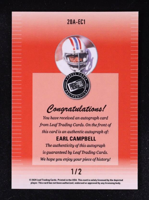 Earl Campbell 2024 Leaf Press pass Signatures #20AEC1 #1/2 at PristineAuction.com Earl Campbell 2024 Leaf Press pass Signatures #20AEC1 #1/2 at PristineAuction.com