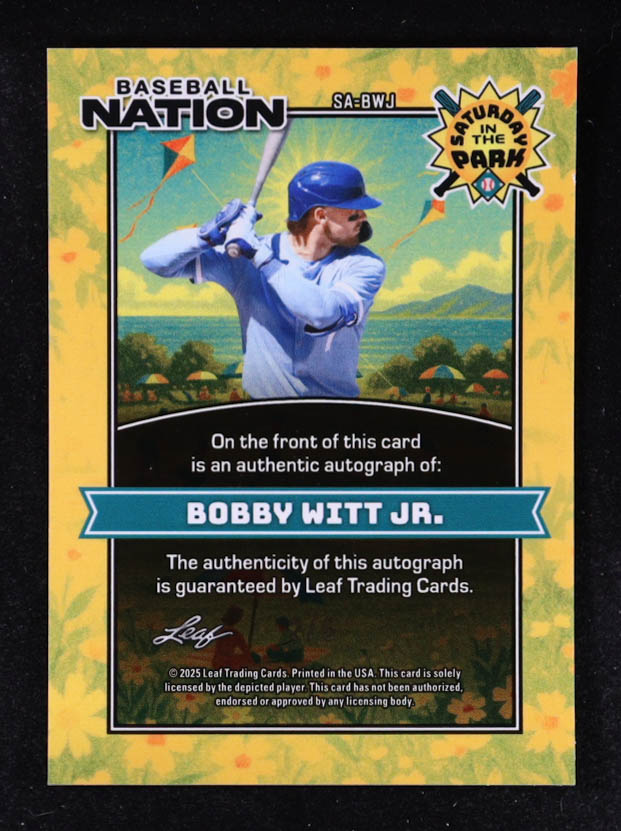 Bobby Witt Jr. 2025 Leaf Baseball Nation Saturday in the Park Autographs Pink #SABWJ #2/6 at PristineAuction.com Bobby Witt Jr. 2025 Leaf Baseball Nation Saturday in the Park Autographs Pink #SABWJ #2/6 at PristineAuction.com