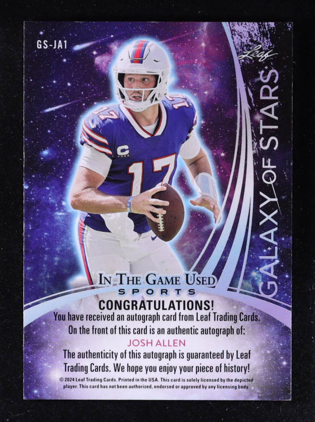 Josh Allen 2024 Leaf In The Game Used Galaxy of Stars Autographs Pink #GSJA1 #5/7 at PristineAuction.com Josh Allen 2024 Leaf In The Game Used Galaxy of Stars Autographs Pink #GSJA1 #5/7 at PristineAuction.com