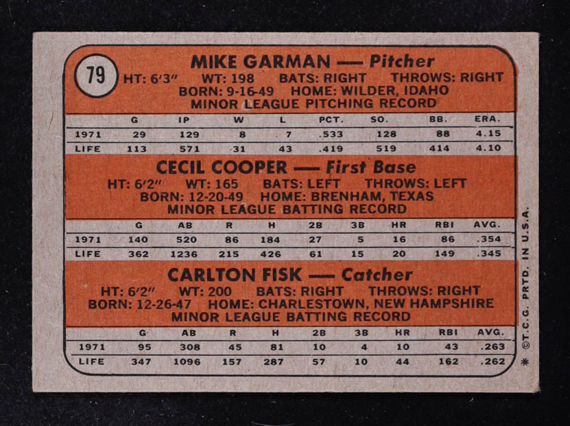 Mike Garman / Cecil Cooper RC / Carlton Fisk RC 1972 Topps Rookie Stars #79 at PristineAuction.com Mike Garman / Cecil Cooper RC / Carlton Fisk RC 1972 Topps Rookie Stars #79 at PristineAuction.com