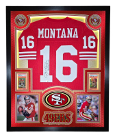 Joe Montana Signed 49ers Custom Framed Mithchell & Ness Jersey Inscribed "4 x SB Champ" with LED Display, (1) Signed Card & (1) Graded Card (Fanatics) at PristineAuction.com