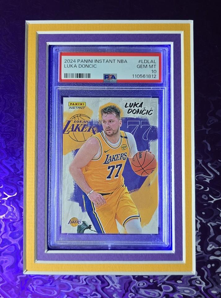 Luka Doncic Signed Lakers Custom Framed Nike Jersey with LED Display & (2) PSA 10 Graded Cards (Panini) at PristineAuction.com Luka Doncic Signed Lakers Custom Framed Nike Jersey with LED Display & (2) PSA 10 Graded Cards (Panini) at PristineAuction.com
