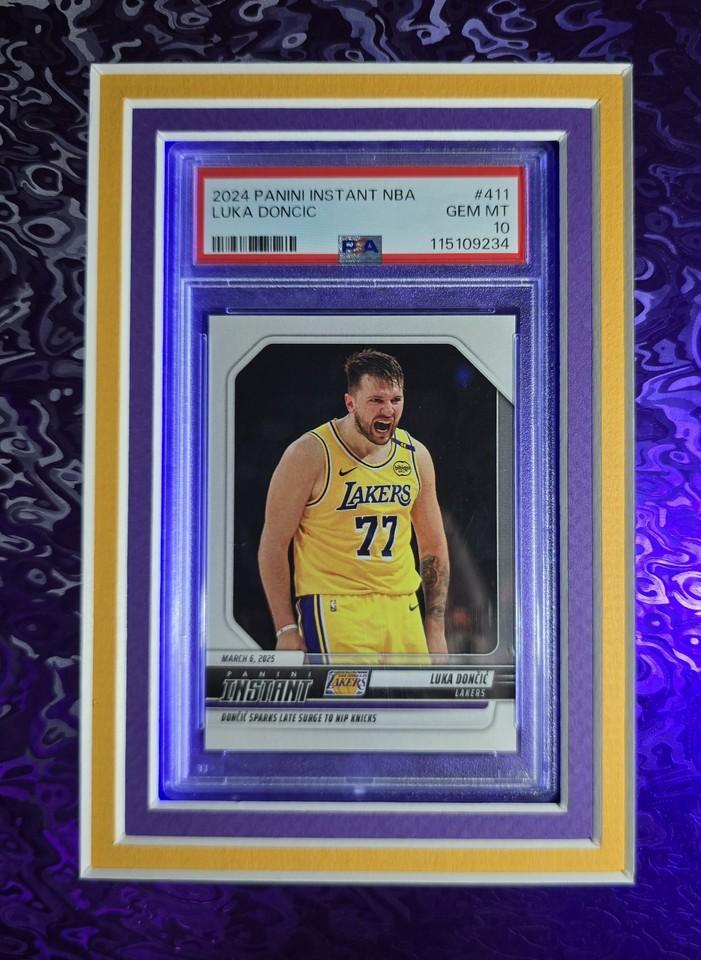 Luka Doncic Signed Lakers Custom Framed Nike Jersey with LED Display & (2) PSA 10 Graded Cards (Panini) at PristineAuction.com Luka Doncic Signed Lakers Custom Framed Nike Jersey with LED Display & (2) PSA 10 Graded Cards (Panini) at PristineAuction.com