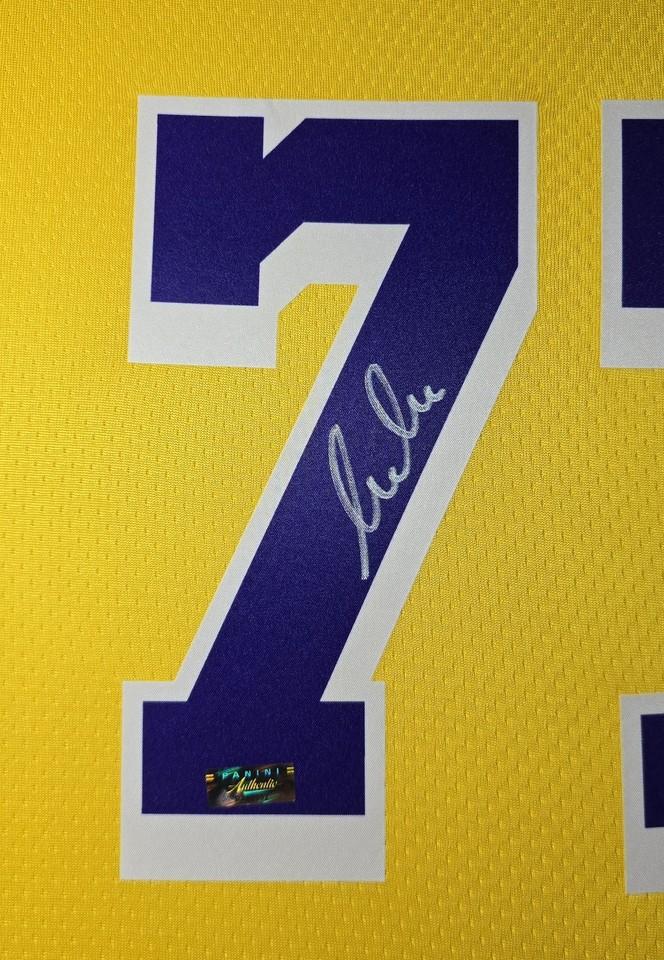 Luka Doncic Signed Lakers Custom Framed Nike Jersey with LED Display & (2) PSA 10 Graded Cards (Panini) at PristineAuction.com Luka Doncic Signed Lakers Custom Framed Nike Jersey with LED Display & (2) PSA 10 Graded Cards (Panini) at PristineAuction.com