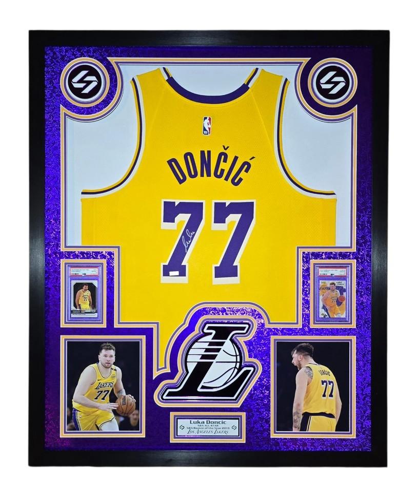 Luka Doncic Signed Lakers Custom Framed Nike Jersey with LED Display & (2) PSA 10 Graded Cards (Panini) at PristineAuction.com Luka Doncic Signed Lakers Custom Framed Nike Jersey with LED Display & (2) PSA 10 Graded Cards (Panini) at PristineAuction.com