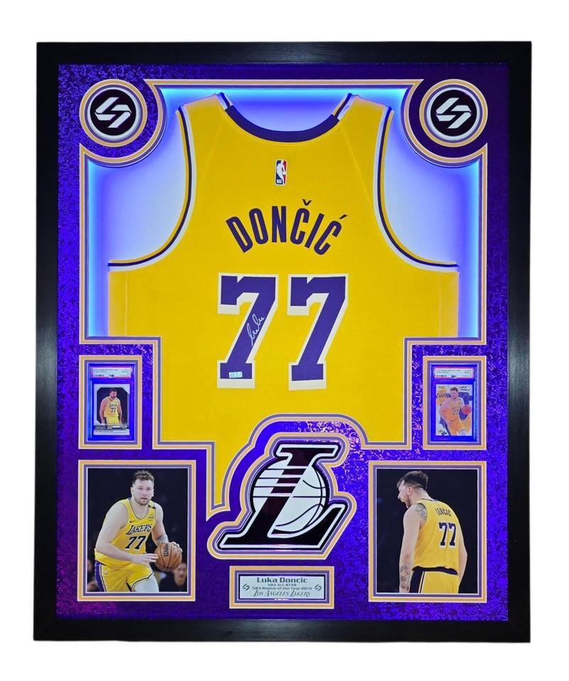 Luka Doncic Signed Lakers Custom Framed Nike Jersey with LED Display & (2) PSA 10 Graded Cards (Panini) at PristineAuction.com Luka Doncic Signed Lakers Custom Framed Nike Jersey with LED Display & (2) PSA 10 Graded Cards (Panini) at PristineAuction.com