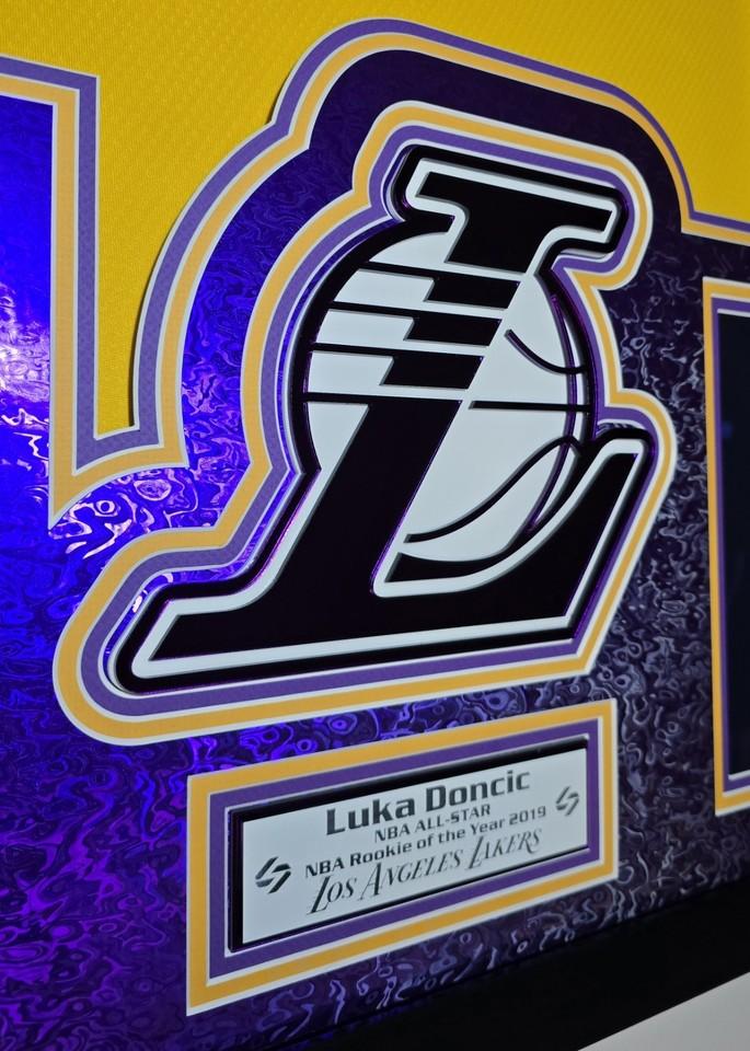 Luka Doncic Signed Lakers Custom Framed Nike Jersey with LED Display & (2) PSA 10 Graded Cards (Panini) at PristineAuction.com Luka Doncic Signed Lakers Custom Framed Nike Jersey with LED Display & (2) PSA 10 Graded Cards (Panini) at PristineAuction.com
