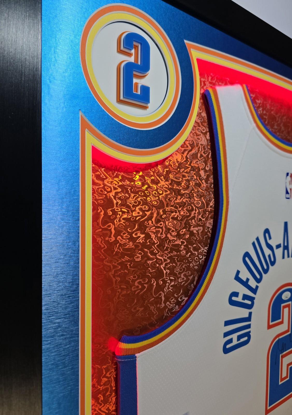 Shai Gilgeous-Alexander Signed Thunder Custom Framed Nike Jersey with LED Display & (2) PSA 10 Graded Cards (JSA) at PristineAuction.com Shai Gilgeous-Alexander Signed Thunder Custom Framed Nike Jersey with LED Display & (2) PSA 10 Graded Cards (JSA) at PristineAuction.com