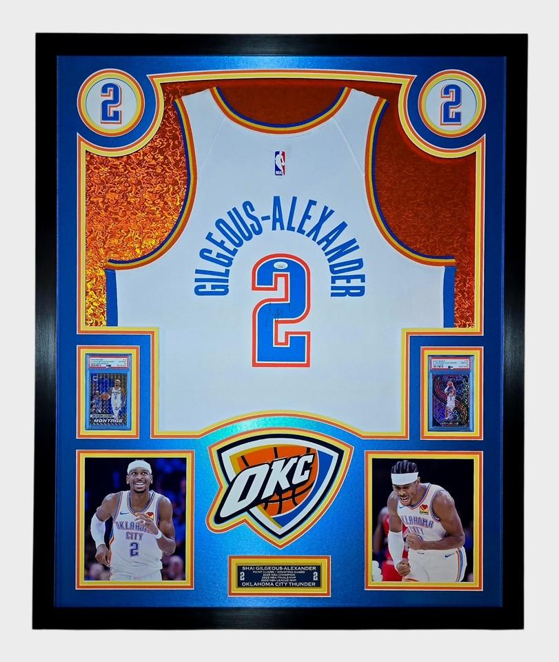 Shai Gilgeous-Alexander Signed Thunder Custom Framed Nike Jersey with LED Display & (2) PSA 10 Graded Cards (JSA) at PristineAuction.com Shai Gilgeous-Alexander Signed Thunder Custom Framed Nike Jersey with LED Display & (2) PSA 10 Graded Cards (JSA) at PristineAuction.com