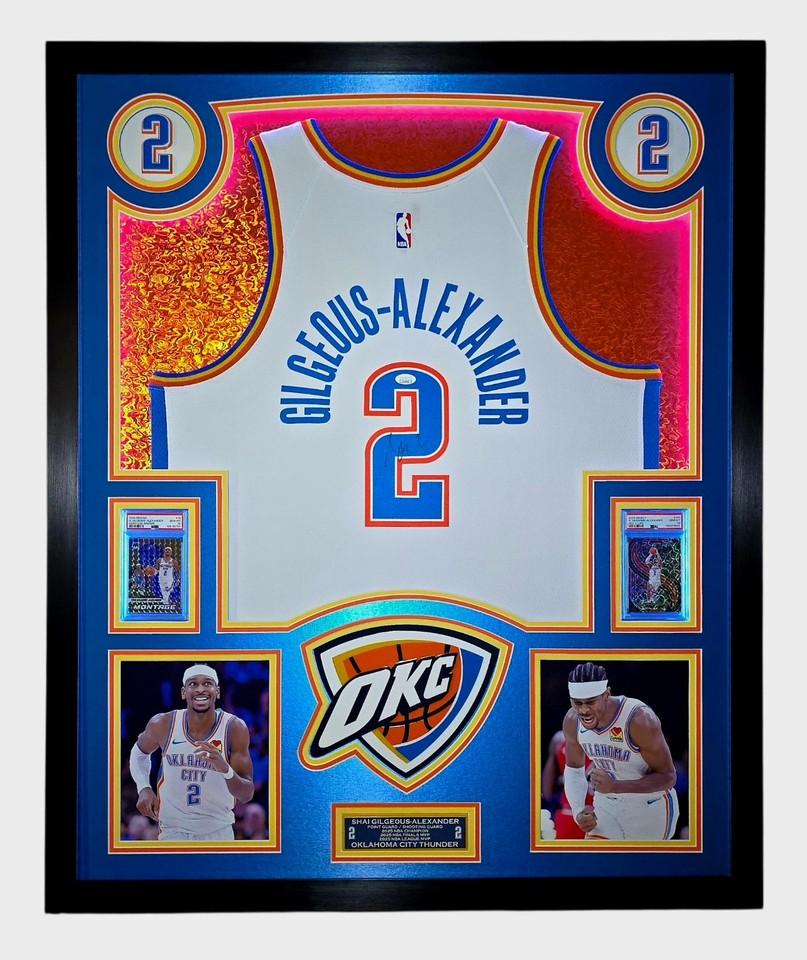 Shai Gilgeous-Alexander Signed Thunder Custom Framed Nike Jersey with LED Display & (2) PSA 10 Graded Cards (JSA) at PristineAuction.com Shai Gilgeous-Alexander Signed Thunder Custom Framed Nike Jersey with LED Display & (2) PSA 10 Graded Cards (JSA) at PristineAuction.com