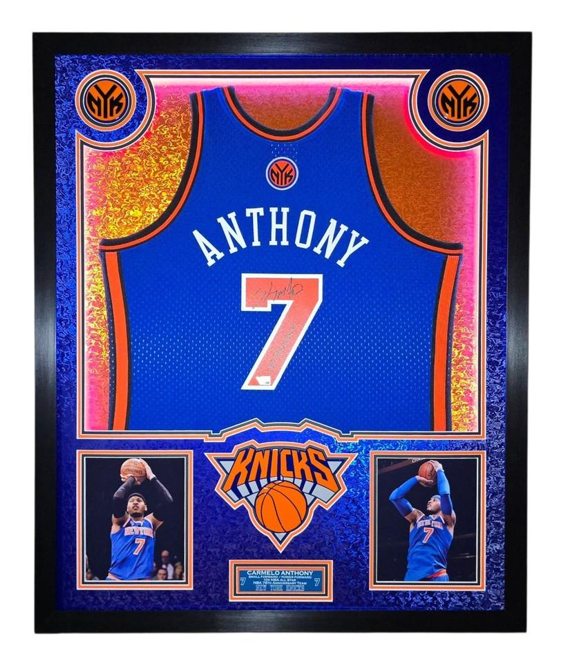 Carmelo Anthony Signed Knicks Custom Framed Mitchell & Ness Jersey Inscribed "NY Forever" with LED Display (Fanatics) at PristineAuction.com Carmelo Anthony Signed Knicks Custom Framed Mitchell & Ness Jersey Inscribed "NY Forever" with LED Display (Fanatics) at PristineAuction.com