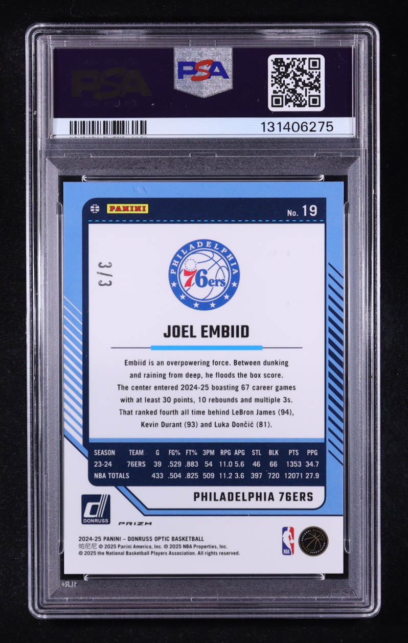 Joel Embiid 2024 Donruss Optic Black FOTL #19 #3/3 (PSA 9) at PristineAuction.com Joel Embiid 2024 Donruss Optic Black FOTL #19 #3/3 (PSA 9) at PristineAuction.com