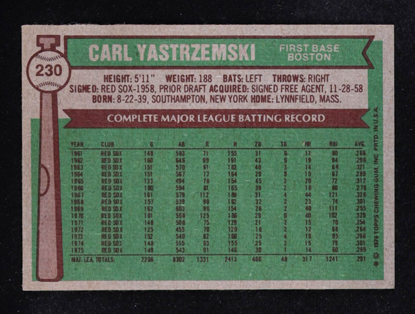 Carl Yastrzemski 1976 Topps #230 at PristineAuction.com Carl Yastrzemski 1976 Topps #230 at PristineAuction.com
