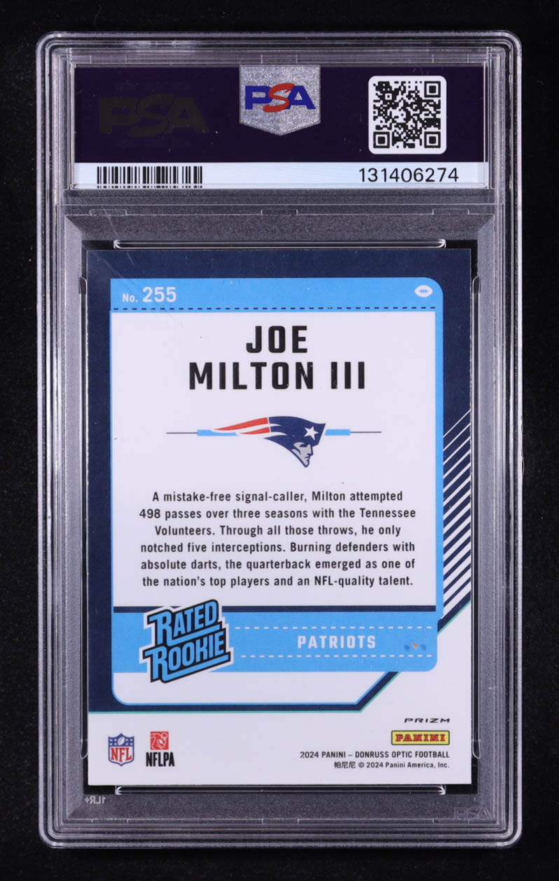 Joe Milton III 2024 Donruss Optic Holo #255 RR (PSA 10) at PristineAuction.com Joe Milton III 2024 Donruss Optic Holo #255 RR (PSA 10) at PristineAuction.com